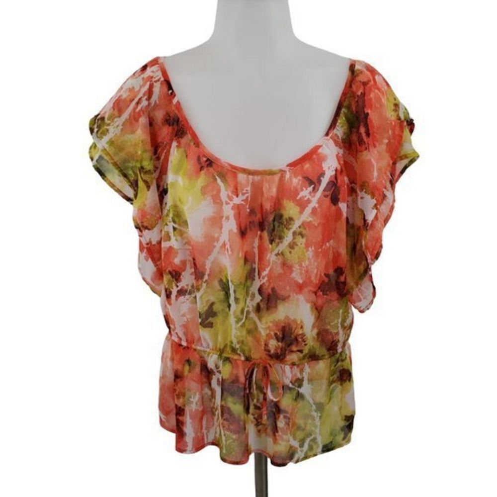 AGB Top PL Petite‎ L Sheer Floral Orange Ruffle Blo